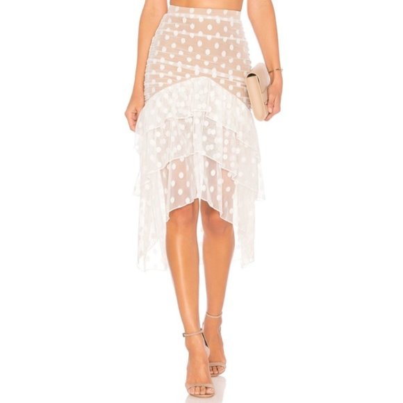 MAJORELLE Dresses & Skirts - Majorelle Revolve White Nude Polka Dot Sheer Lace Tiered Ruffle Heidi Skirt XS